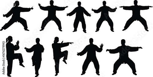 Collection of martial arts silhouettes in Tai Chi and Kung Fu poses, balance, discipline, fitness, sport, meditation and movement concept on white background