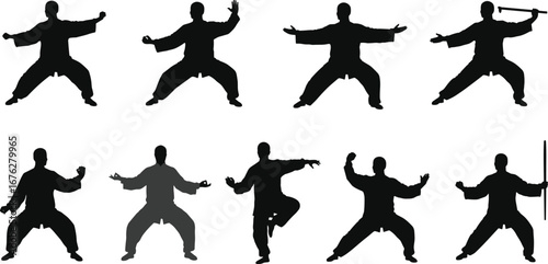 Collection of martial arts silhouettes with Tai Chi and Kung Fu poses, weapon forms, balance, discipline, sport, fitness and movement concept