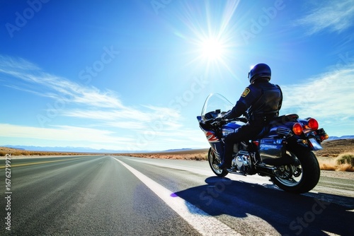 Wallpaper Mural Motorcycle police officer is parked by the roadside, enjoying the sun and the desert landscape Torontodigital.ca