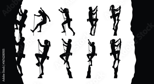 Collection of rock climbing silhouettes in dynamic poses, adventure sport, outdoor activity, strength, fitness and mountaineering concept on white background
