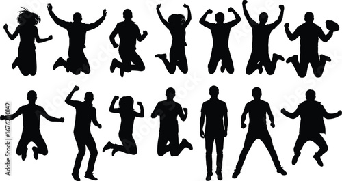 Collection of silhouette people in dynamic poses, jumping and standing, joyful human figures expressing success, freedom, happiness on white background