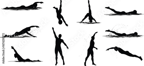 Collection of swimming and diving silhouettes showing freestyle, backstroke, butterfly, water entry, aquatic sport, fitness and competition concept on white background