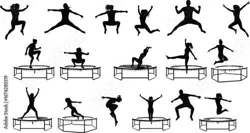 Collection of trampoline jump silhouettes in dynamic airborne poses, athletic performance, sport, fitness, acrobatics and active lifestyle concept on white background