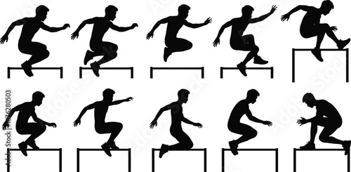 Sequence of box jump silhouettes showing plyometric exercise stages, athletic training, sport, fitness, agility and strength concept on white background