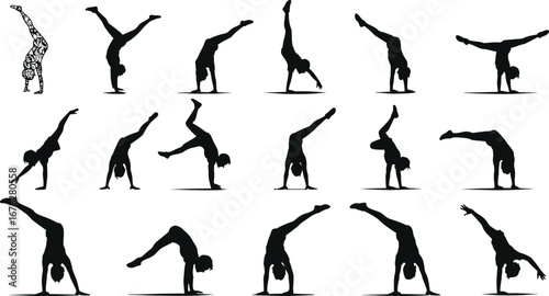Sequence of cartwheel silhouettes showing dynamic movement stages, gymnastics action, athletic performance, sport, fitness and acrobatics concept on white background