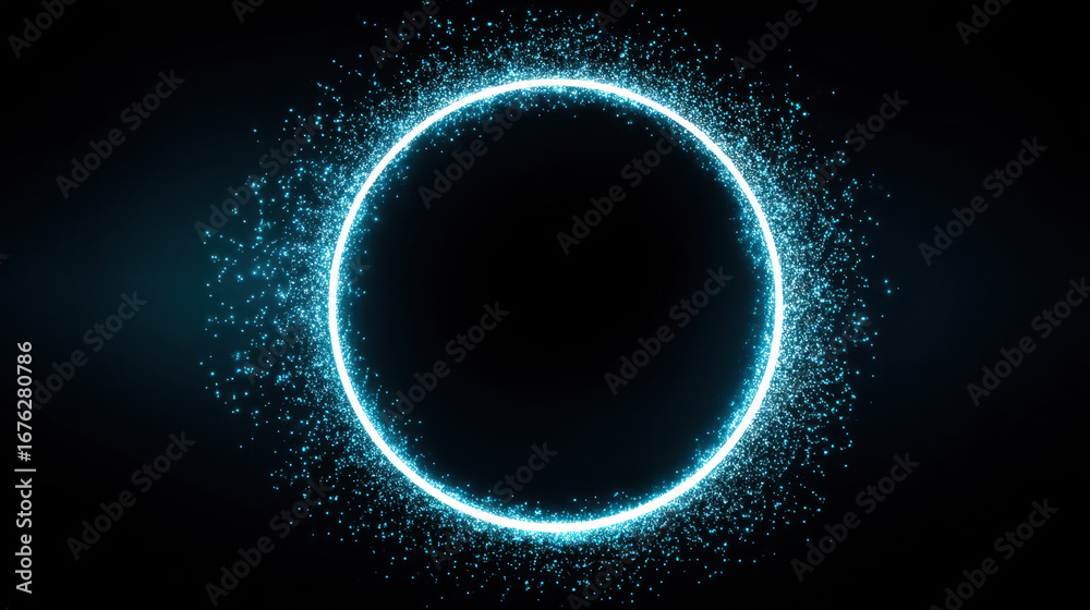 Fototapeta premium Glowing blue circle surrounded by sparkling particles creates mesmerizing visual effect, evoking sense of wonder and tranquility. contrast against dark background enhances luminous quality