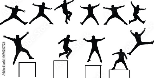 Sequence of platform jump silhouettes showing dynamic airborne stages, athletic performance, sport, fitness, agility and movement concept on white background