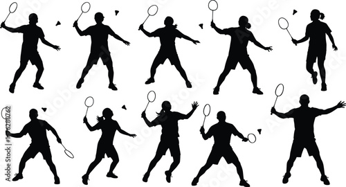 Set of badminton player silhouettes in dynamic action poses, hitting shuttlecock, sport, competition, agility, fitness and active lifestyle concept on white background
