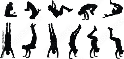 Set of gymnastics and acrobatics silhouettes, dynamic flips, handstands, athletic movement, sport, fitness and active lifestyle concept on white background