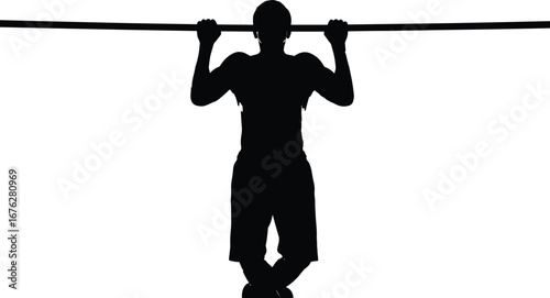Silhouette of athlete performing pull‑up on horizontal bar, strength training, fitness workout, bodybuilding and upper body exercise concept on white background