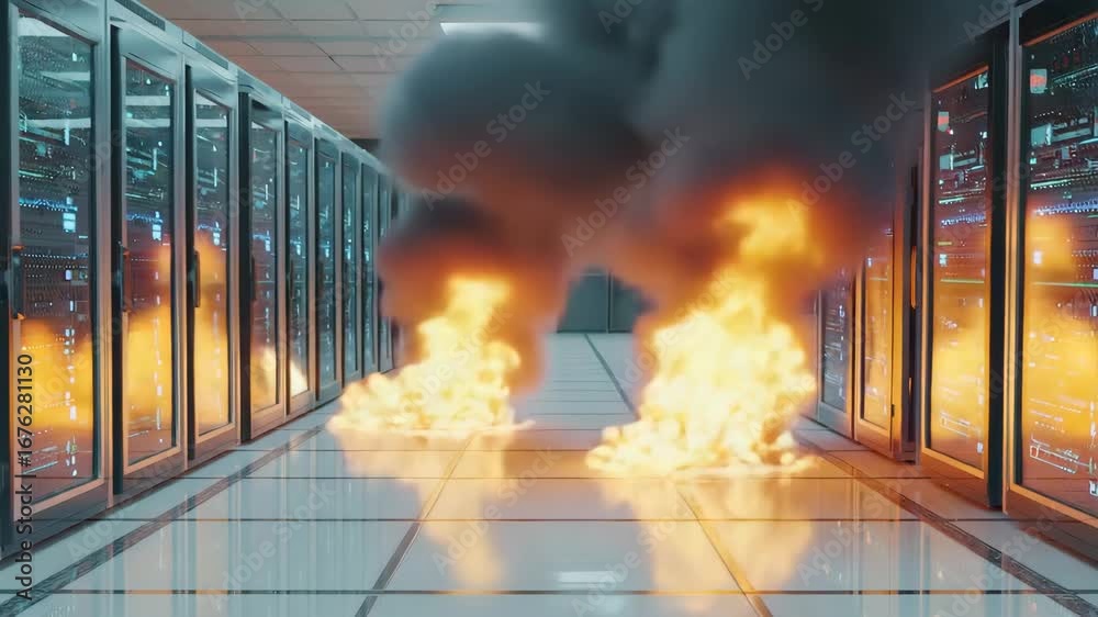 Server Explosion Flames and smoke billowing from burning servers in a data center ...