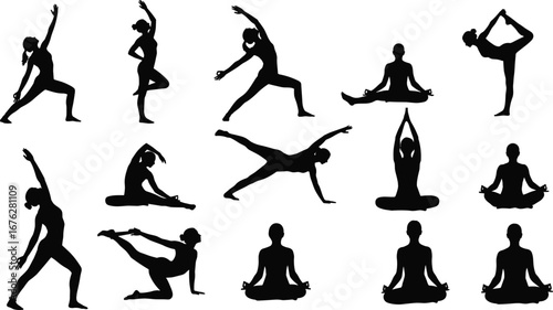 Yoga pose silhouettes in standing, seated, balancing positions, Warrior, Tree, Dancer, Lotus, vector illustration, black silhouettes, flexibility, balance, mindfulness, wellness