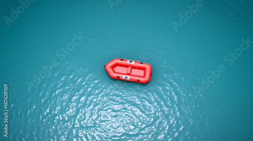 Red inflatable raft on water surface