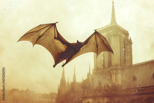 Flying bat over notre dame cathedral paris france gothic architecture travel destination tourism landmark europe