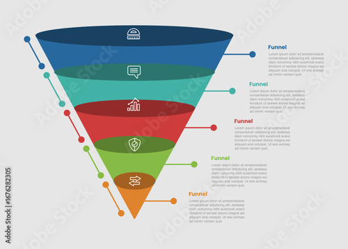 funnel shape business process infographic diagram with 3d reverse pyramid with pointy edge with 5 step for slide presentation