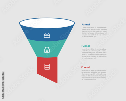 funnel shape business process infographic diagram with 3d funnel shape with standing position with 3 step for slide presentation