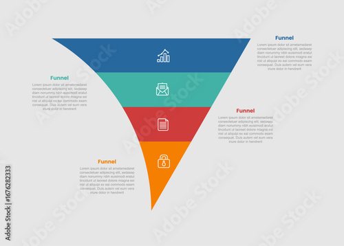 funnel shape business process infographic diagram with bending funnel shape with sharp edge with 4 step for slide presentation