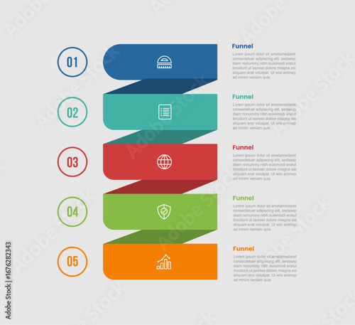 funnel shape business process infographic diagram with balance stacked list with ribbon flip shadow background with 5 step for slide presentation