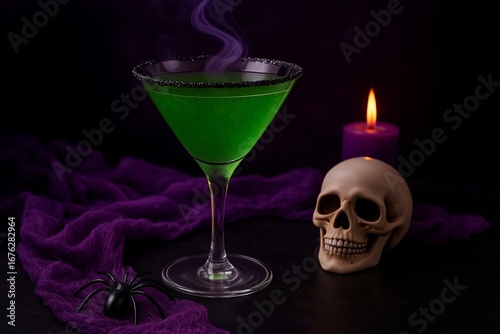 Halloween-themed cocktail with green drink, skull, candle, smoke, and spider. Perfect spooky background for seasonal marketing and party ads.