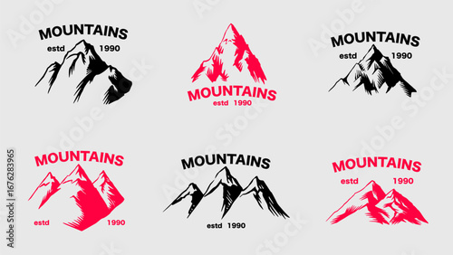 Mountain emblem or icons set. Hand drawn frozen peaks for your design, water bottle, expeditions, adventure and lifestyle business. Explore hills and woods. For clothing