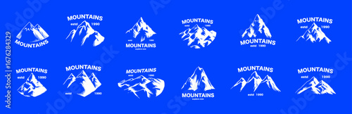 Mountain emblem or icons set. Hand drawn frozen peaks for your design, water bottle, expeditions, adventure and lifestyle business. Explore hills and woods. For clothing