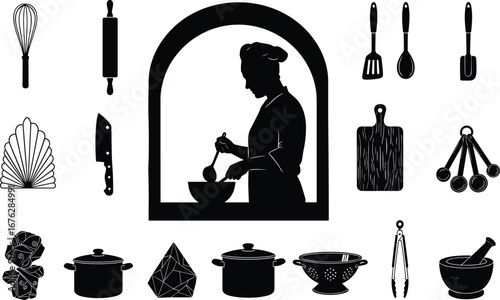 Chef, silhouette, stirring, bowl, kitchen, utensils, cooking, mortar, pots, dumplings, whisk, knife, rolling pin, apron, hat, symmetrical, illustration, food prep, black and white, vector