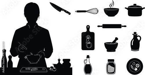 Chef, silhouette, cooking, kitchen, food prep, utensil, bowl, vegetables, counter, whisk, knife, pot, seasoning, illustration, mortar, rolling pin, bottle, artistic, culinary, vector