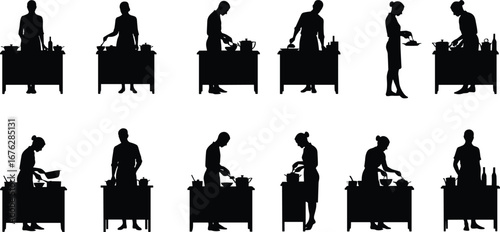 Cooking, silhouette, kitchen, food prep, gesture, utensil, bowl, pot, chopping, stirring, mixing, serving, teamwork, chef, counter, action, vector, domestic, illustration, lifestyle