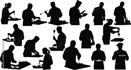 Cooking, silhouette, chef, kitchen, food prep, gesture, utensil, plating, stirring, chopping, tasting, presenting, bowl, pot, pan, action, vector, domestic, illustration, lifestyle