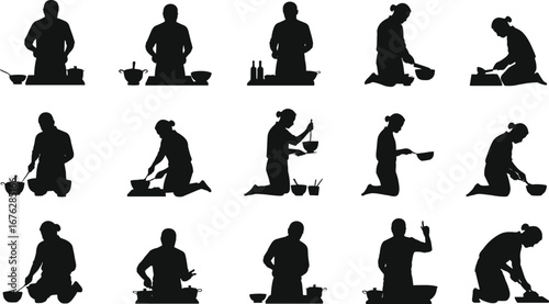 Cooking, silhouette, kitchen, food prep, gesture, utensil, bowl, pot, pan, kneeling, stirring, mixing, pouring, tasting, chef, counter, action, vector, domestic, illustration