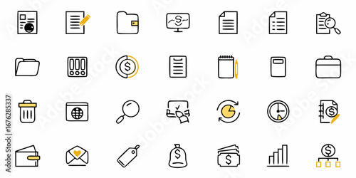 Essential business and finance icon set for modern digital presentations, websites, and marketing campaigns, conveying growth, analysis, and financial success with clean, professional design.