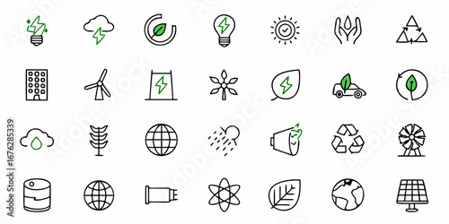 Discover a vibrant collection of modern eco-friendly icons representing sustainable energy, environmental conservation, and green technology for impactful business and lifestyle projects.