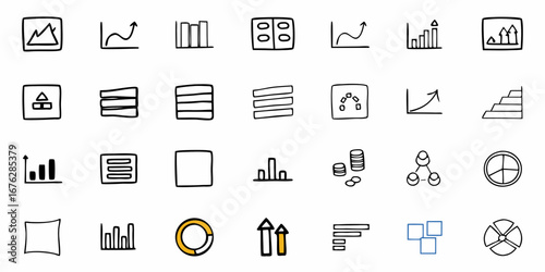 Vibrant collection of hand-drawn business and data icons showcasing growth charts, analytics, concepts, and organizational structures for modern presentations and reports