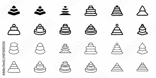 Collection of diverse stacking toy icons showcasing developmental stages, early learning, and educational play with simple, clean line art for creative projects and childhood themes