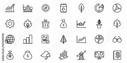 Discover a versatile collection of hand-drawn business and finance icons perfect for modern presentations, infographics, and digital projects, conveying growth, strategy, and environmental awareness.