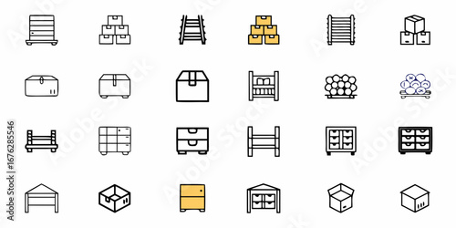 Collection of diverse storage and organization icons including boxes, shelves, drawers, and crates, perfect for logistics, supply chain, and inventory management visuals.