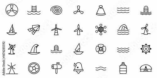 Discover a diverse collection of hand-drawn icons representing wind energy, water elements, and nautical themes, perfect for modern design projects and environmental concepts.