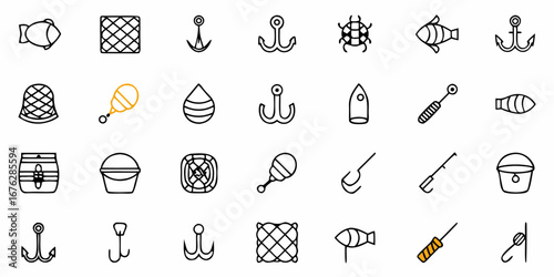 Captivating collection of nautical and fishing icons, featuring anchors, fish, nets, buckets, and bait for a maritime adventure theme