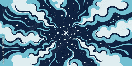 Dreamy abstract sky with swirling blue clouds and twinkling stars, evoking wonder and imagination for creative projects