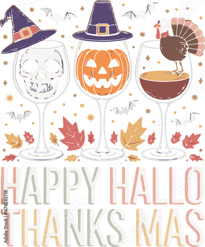 Halloween and Thanksgiving wine glasses with skull turkey and pumpkin
