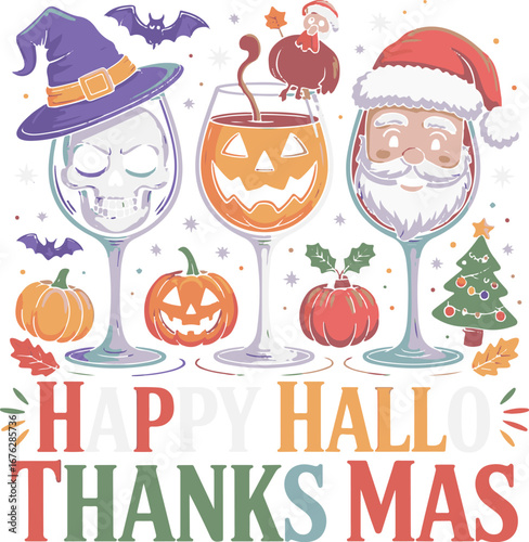 Halloween and Christmas wine glasses with Santa skull pumpkin and turkey