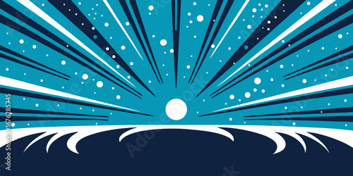 Dynamic abstract burst of white and dark blue lines radiating outwards with scattered white dots against a bright teal sky, evoking energy, movement, and a sense of wonder.
