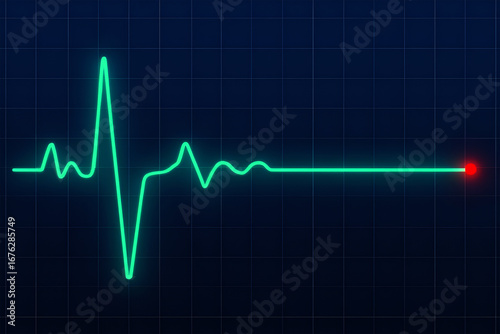Green electrocardiogram waveform with red flatline heart pulse