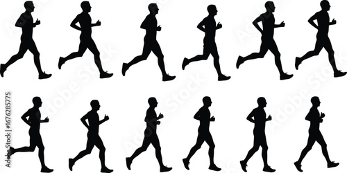 Running, silhouette, motion, stride, athlete, animation, biomechanics, sports, vector, profile, loop, sequence, jogging, sprint, pose, movement, training, exercise, fitness, illustration