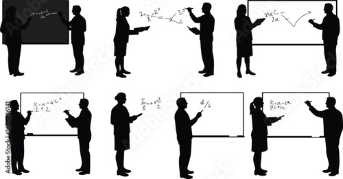 Math collaboration, silhouette, algebra, calculus, blackboard, teaching, writing, pointing