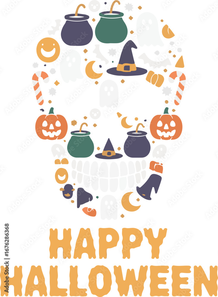 Fototapeta premium Skull Shape Made of Halloween Icons pumpkin