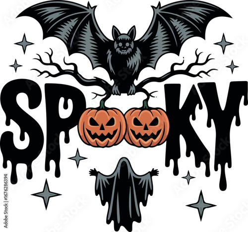 Spooky Halloween Drip Text Bat Ghost Pumpkins Tree