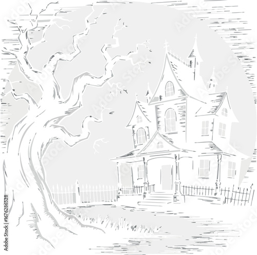 Vintage style haunted house and bare tree drawing spooky