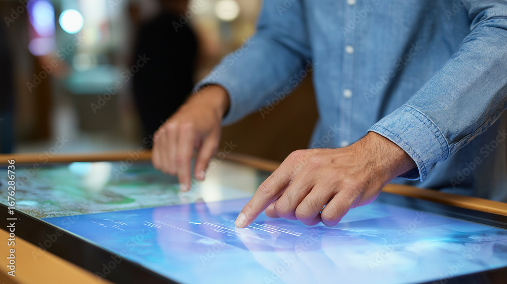 Fototapeta premium Exhibition designer creating immersive museum displays using spatial design software with visitor flow analysis and interactive exhibit planning tools visible on large touchscreen