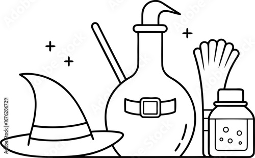 Halloween Witchcraft Potion Bottle Witch Hat and Gloves Outline magic